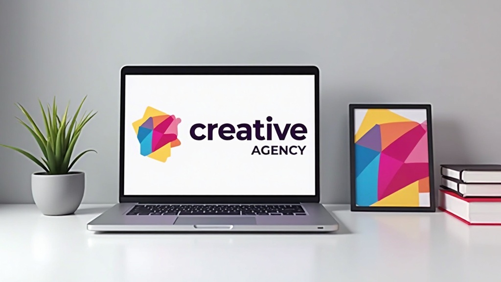 Colorful creative agency logo with abstract geometric shapes displayed on laptop screen and printed stationery set