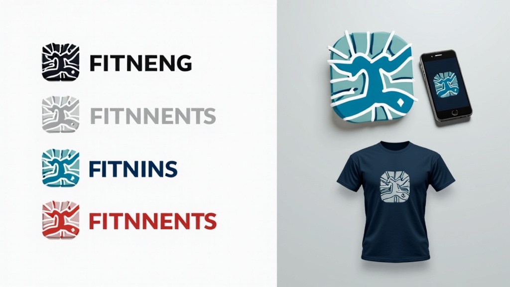 Multiple logo variations for a fitness brand showing icon only, text only, and combined mark on various mockups