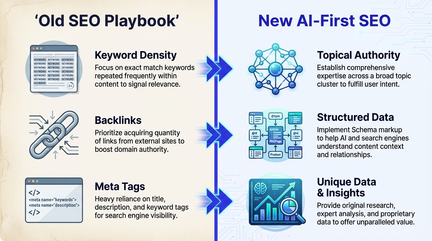 Infographic comparing old SEO tactics with new strategies for Google's AI Mode.