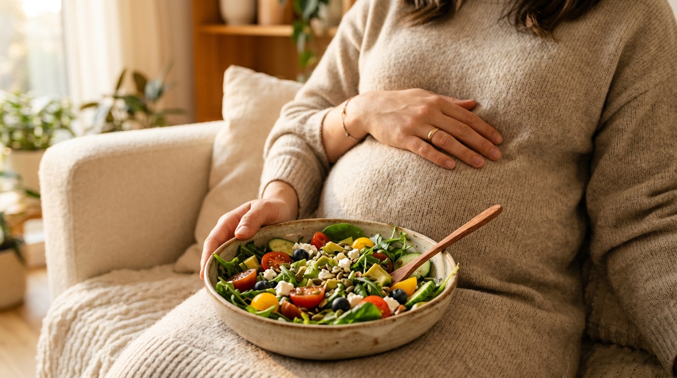 A close-up shot of a pregnant woman's hands gently holding her small baby bump, with a healthy, colorful salad in a bowl resting on her lap.