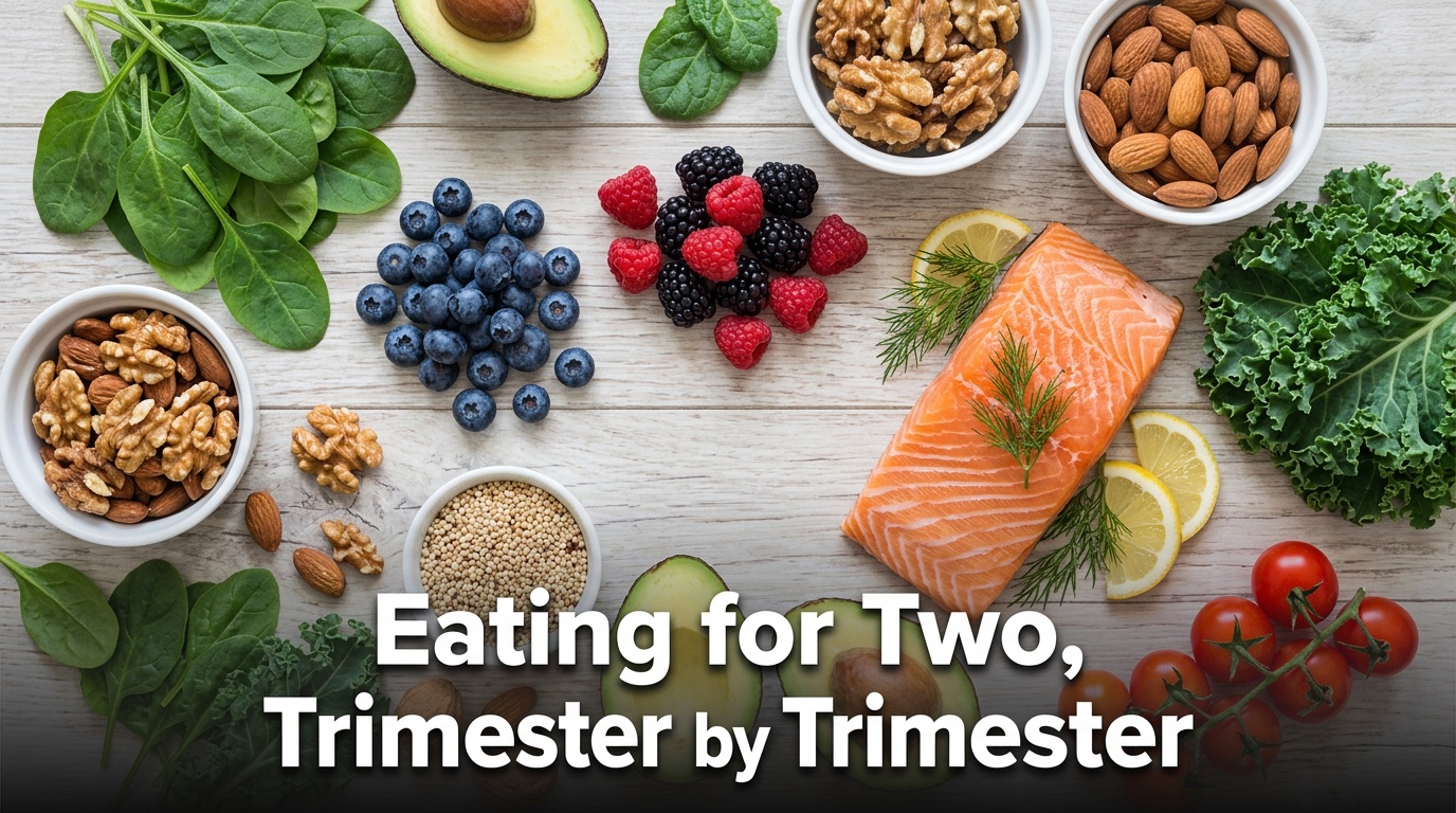 A flat lay of vibrant, healthy foods like leafy greens, berries, salmon, and nuts arranged beautifully on a light wooden surface.