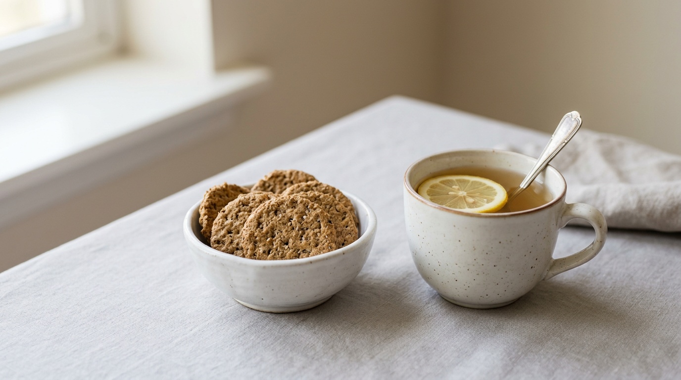 A small, simple white bowl with whole-grain crackers and a cup of ginger tea with a slice of lemon on a calm, neutral background.