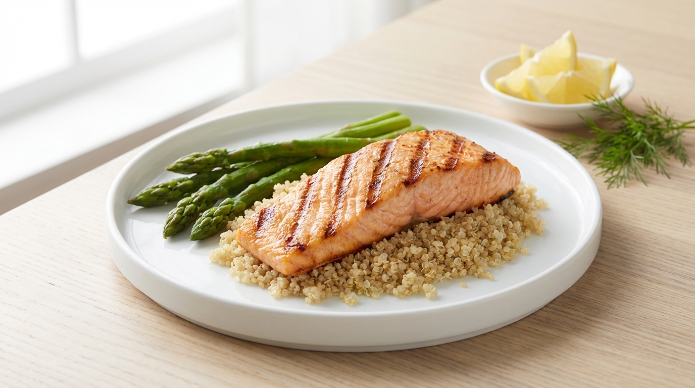 A perfectly grilled salmon fillet on a bed of quinoa with steamed asparagus on the side, on a modern white plate.