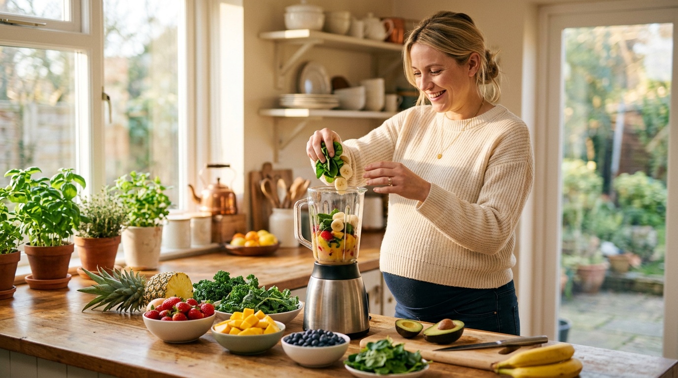 A pregnant woman in her third trimester, happily preparing a smoothie in a bright, sunlit kitchen with fruits and vegetables on the counter.