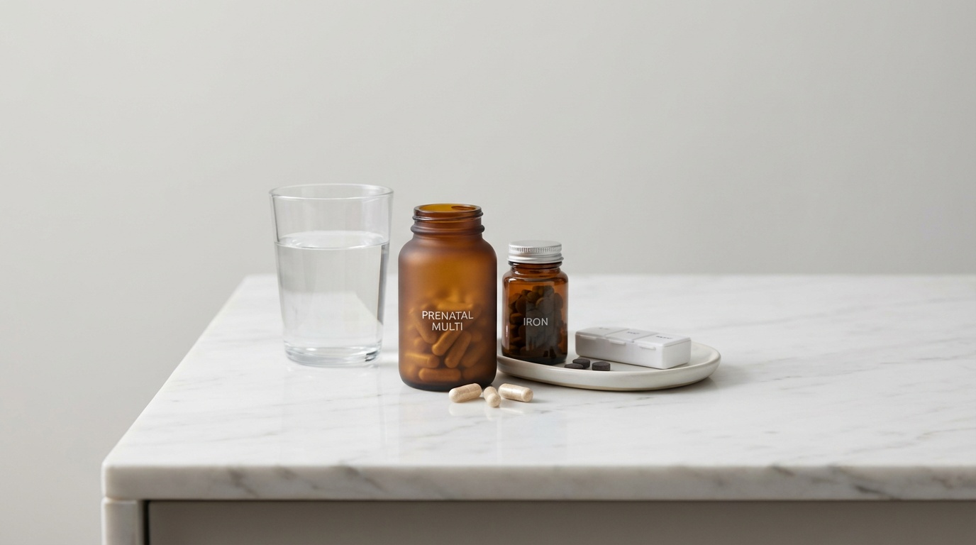 A clean, minimalist shot of various prenatal vitamins and supplements next to a glass of water on a white marble countertop.