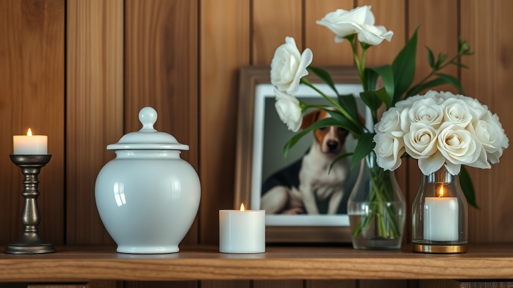白い陶製のペット用骨壷と写真立て、白い花とキャンドルが置かれた木製の棚の供養スペース