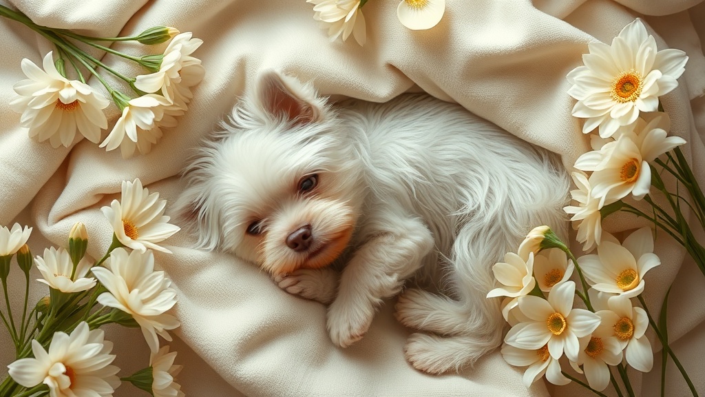 白い花に囲まれて柔らかな布の上で穏やかに眠る小さな白い犬の美しいお別れシーン