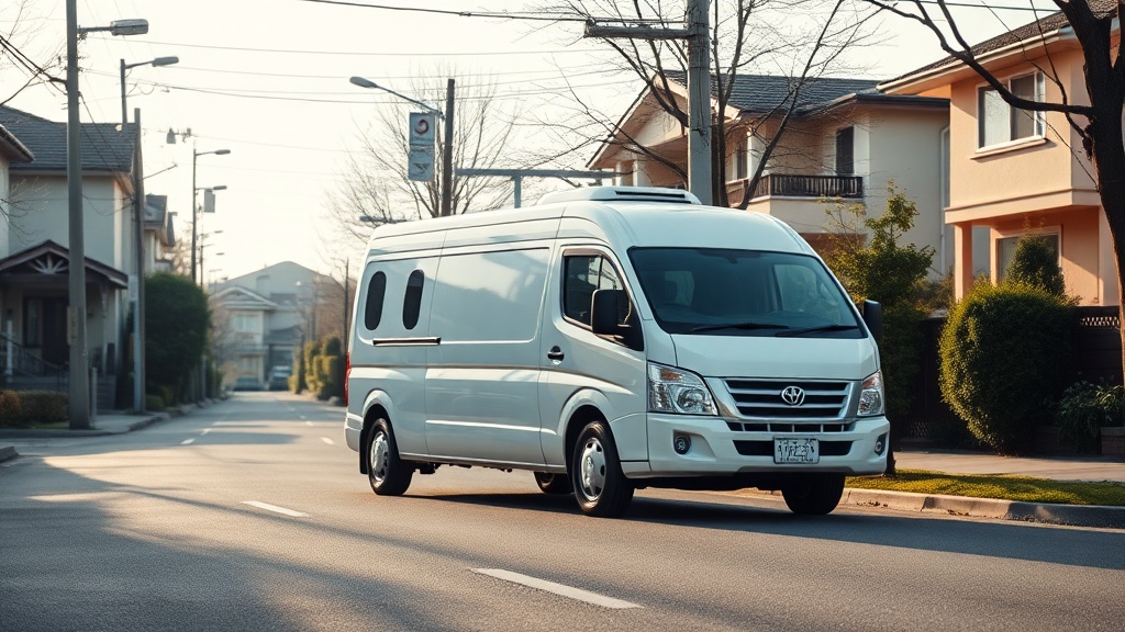 住宅街を走る白い訪問火葬車両、ペット火葬の移動サービスを表現した専用車