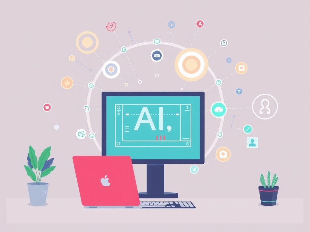 Illustration of small business owners analyzing AI tools for maximizing ROI in digital marketing.