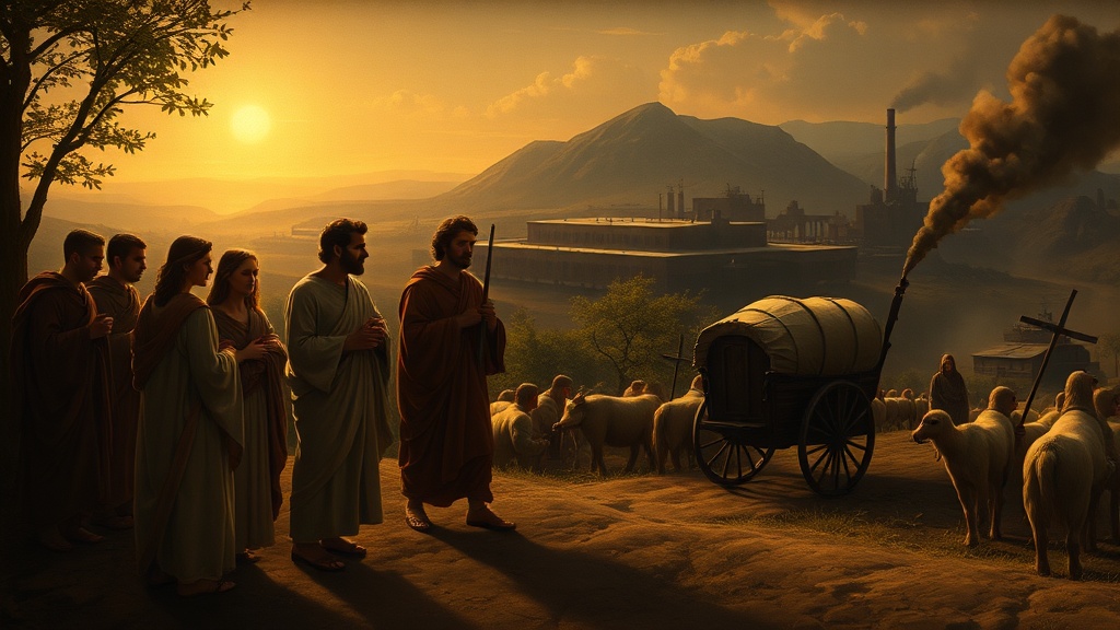 Allegorical crossroads scene suggesting choices between paths