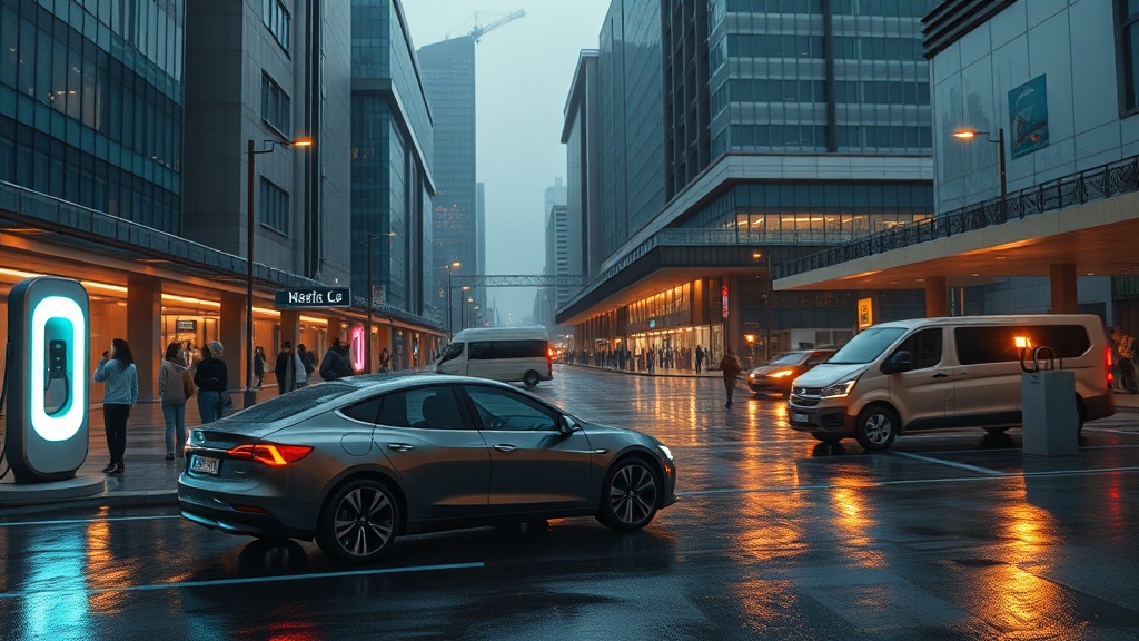 Urban scene contrasting electric vehicle charging and fuel station
