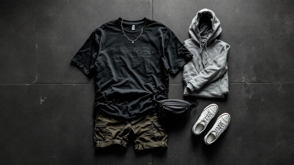 EDC 2026 streetwear outfit flat lay — graphic tee, cargo shorts, hoodie, sneakers
