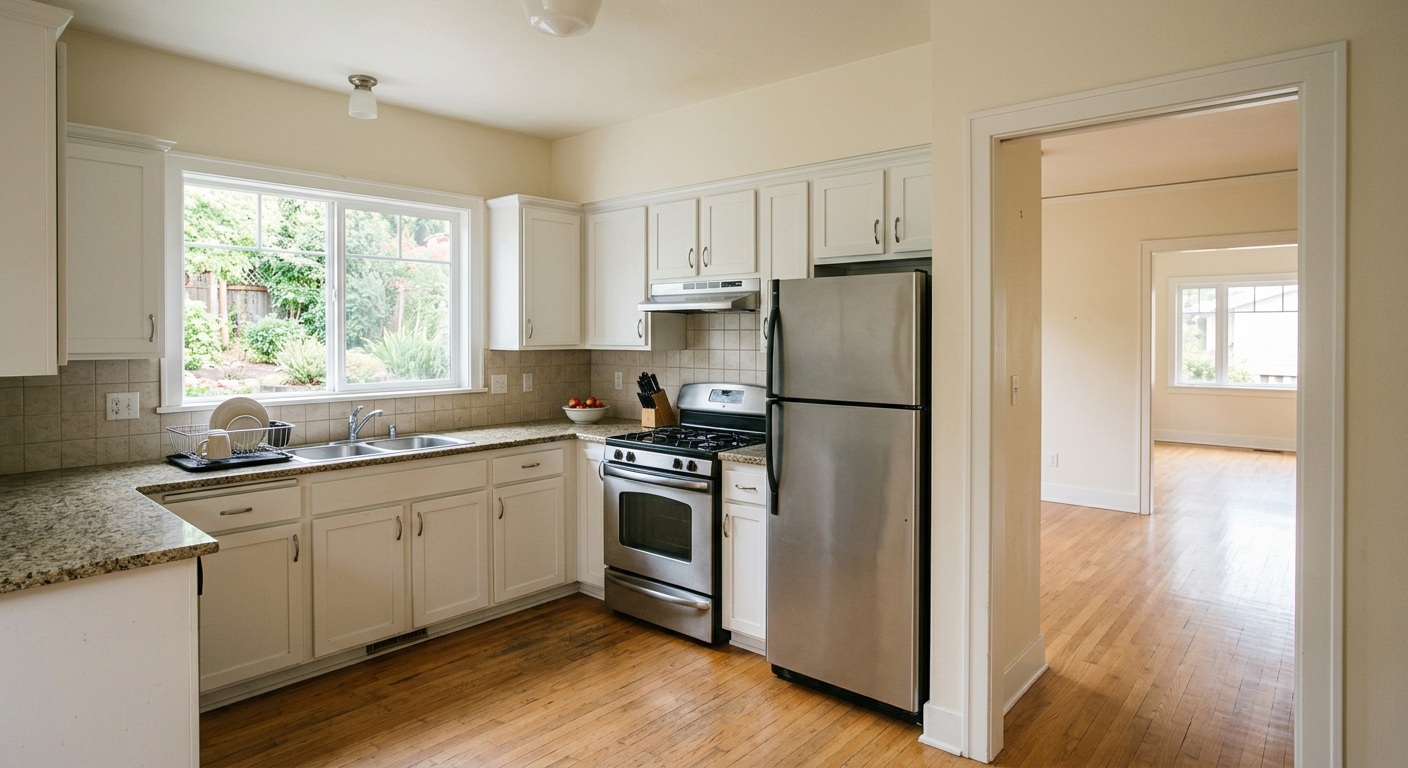 Empty residential kitchen with basic appliances and unfurnished rooms visible through doorway