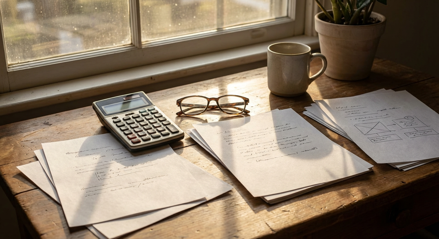 Calculator and rental lease documents spread across a wooden desk with morning sunlight streaming through window