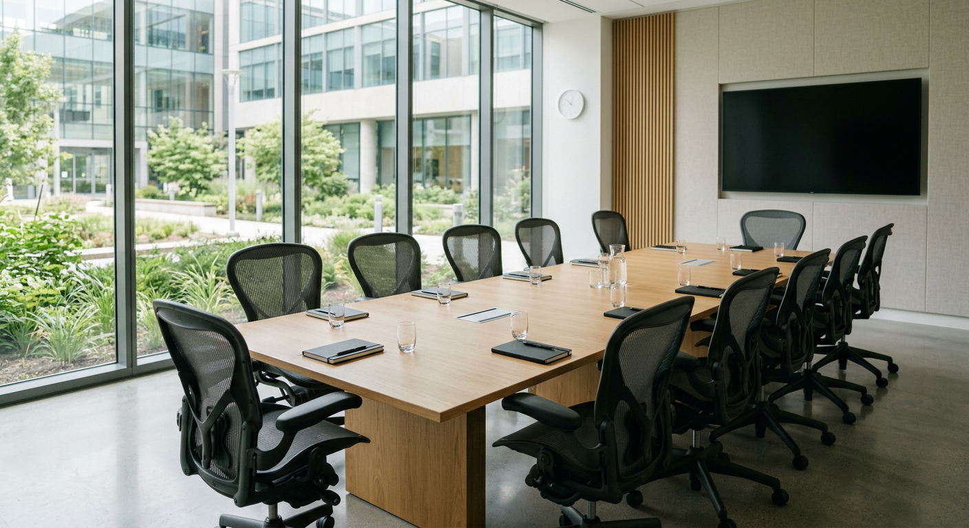 Empty office chairs arranged around a conference table in a modern healthcare facility meeting room
