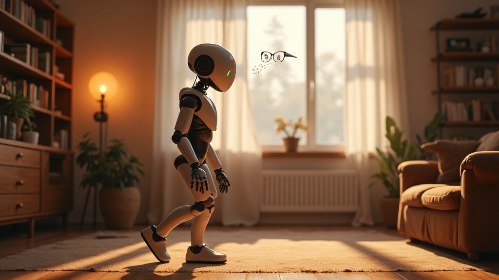 Interfaz de visión artificial del robot IA mapeando objetos perdidos en un entorno doméstico