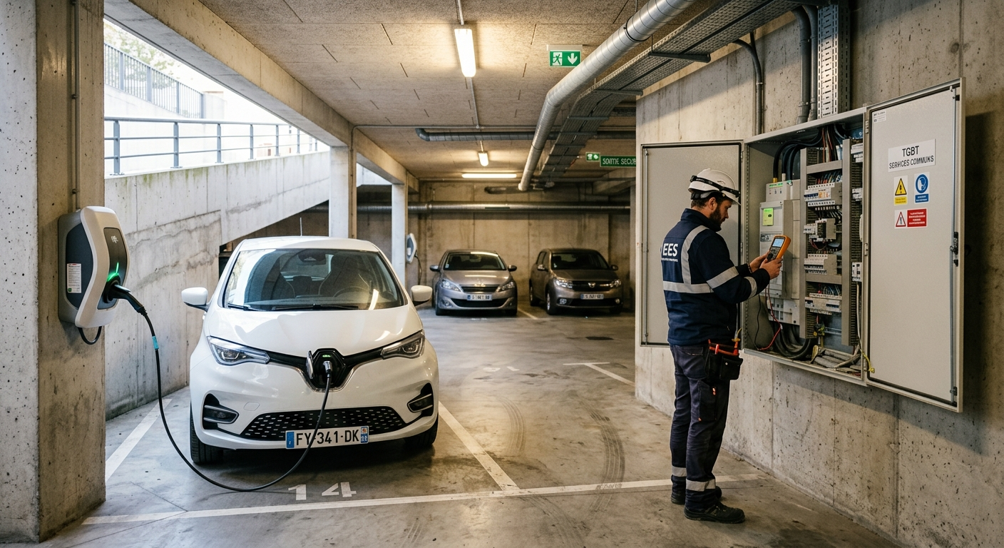Borne de recharge électrique IRVE en copropriété avec voiture en charge et installateur vérifiant l'armoire électrique