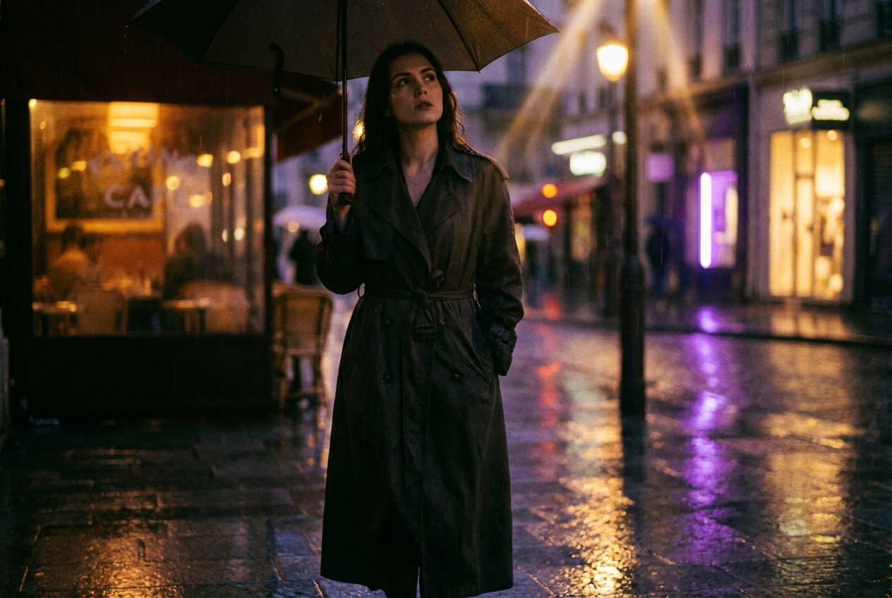 AI-generated cinematic R&B music video scene showing a woman walking down a rain-soaked city street at night