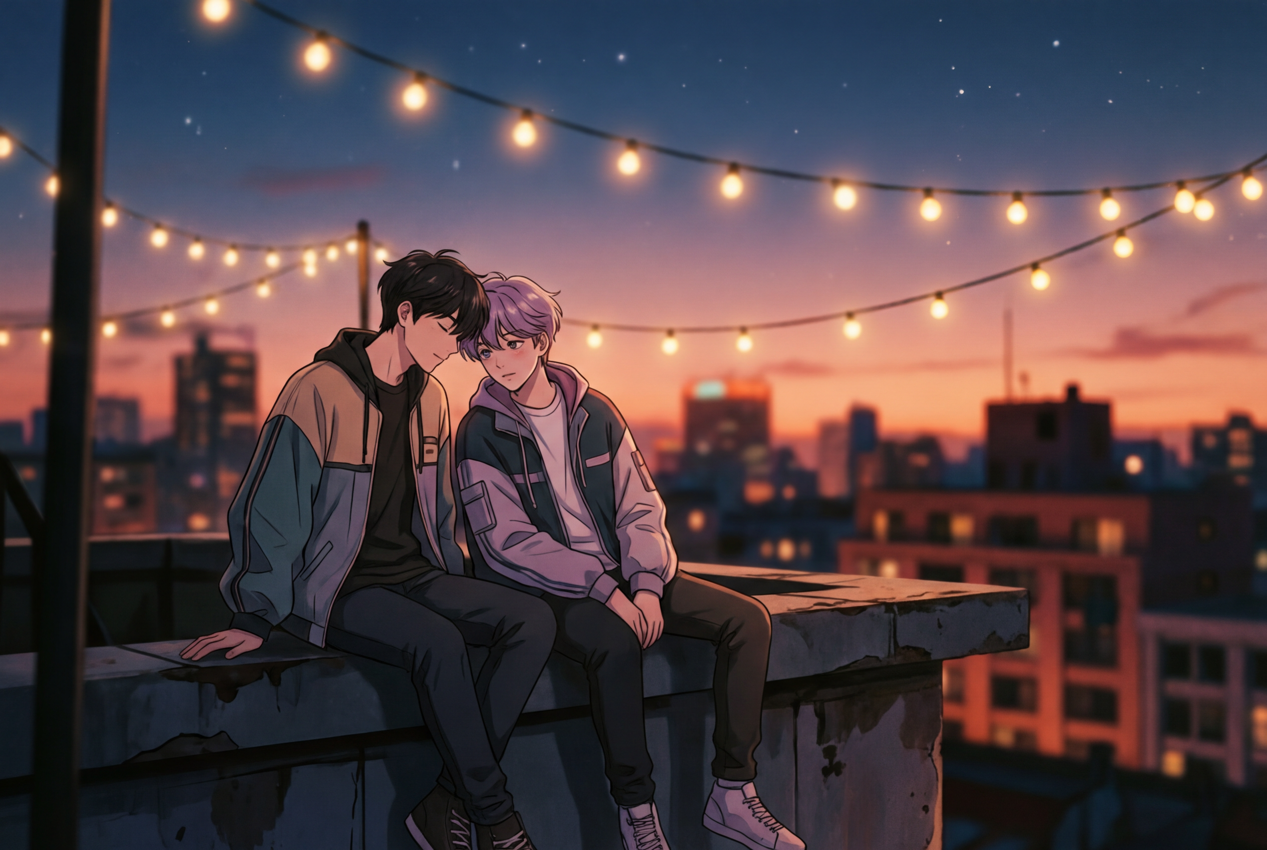 Anime-style AI-generated R&B music video frame showing two characters on a city rooftop