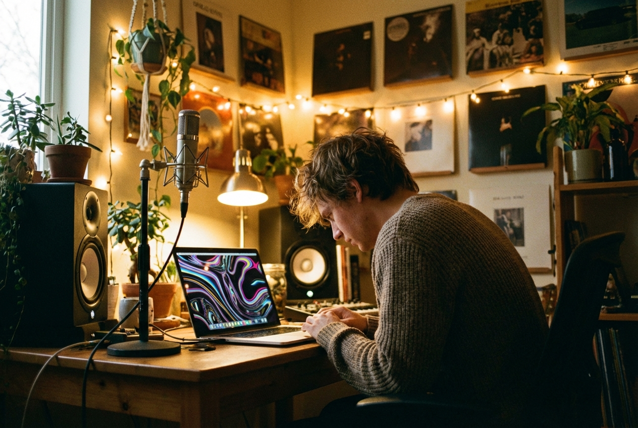 Independent R&B musician creating an AI music video on a laptop in a home studio