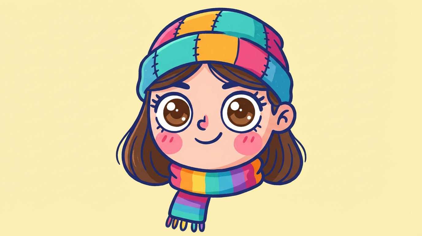 Cute cartoon-style portrait of a young woman with exaggerated big eyes and rosy cheeks, colorful illustrated art style with bold outlines