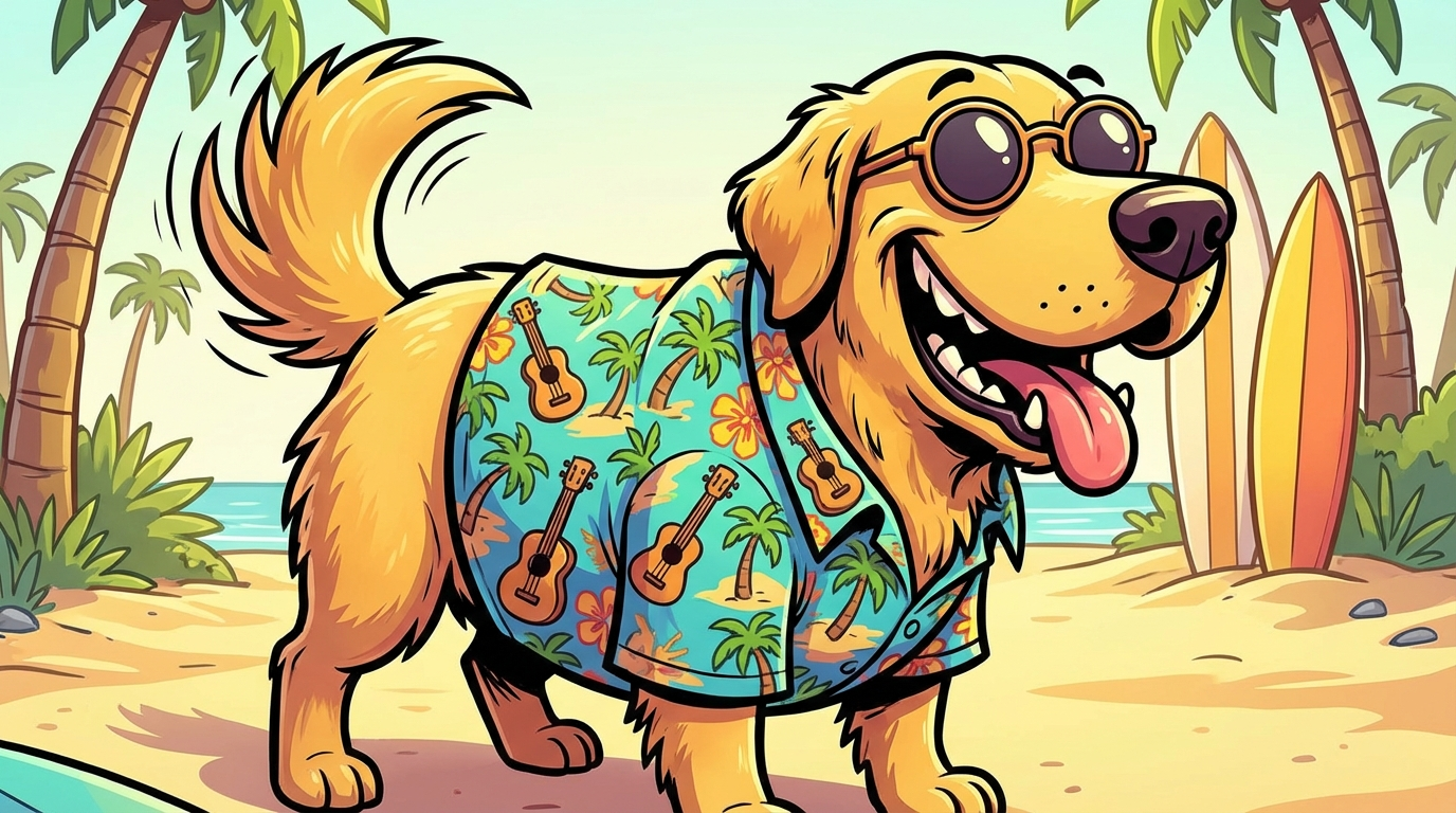 Cartoon caricature of a golden retriever dog wearing sunglasses and Hawaiian shirt, fun illustrated style with bold colors and exaggerated features
