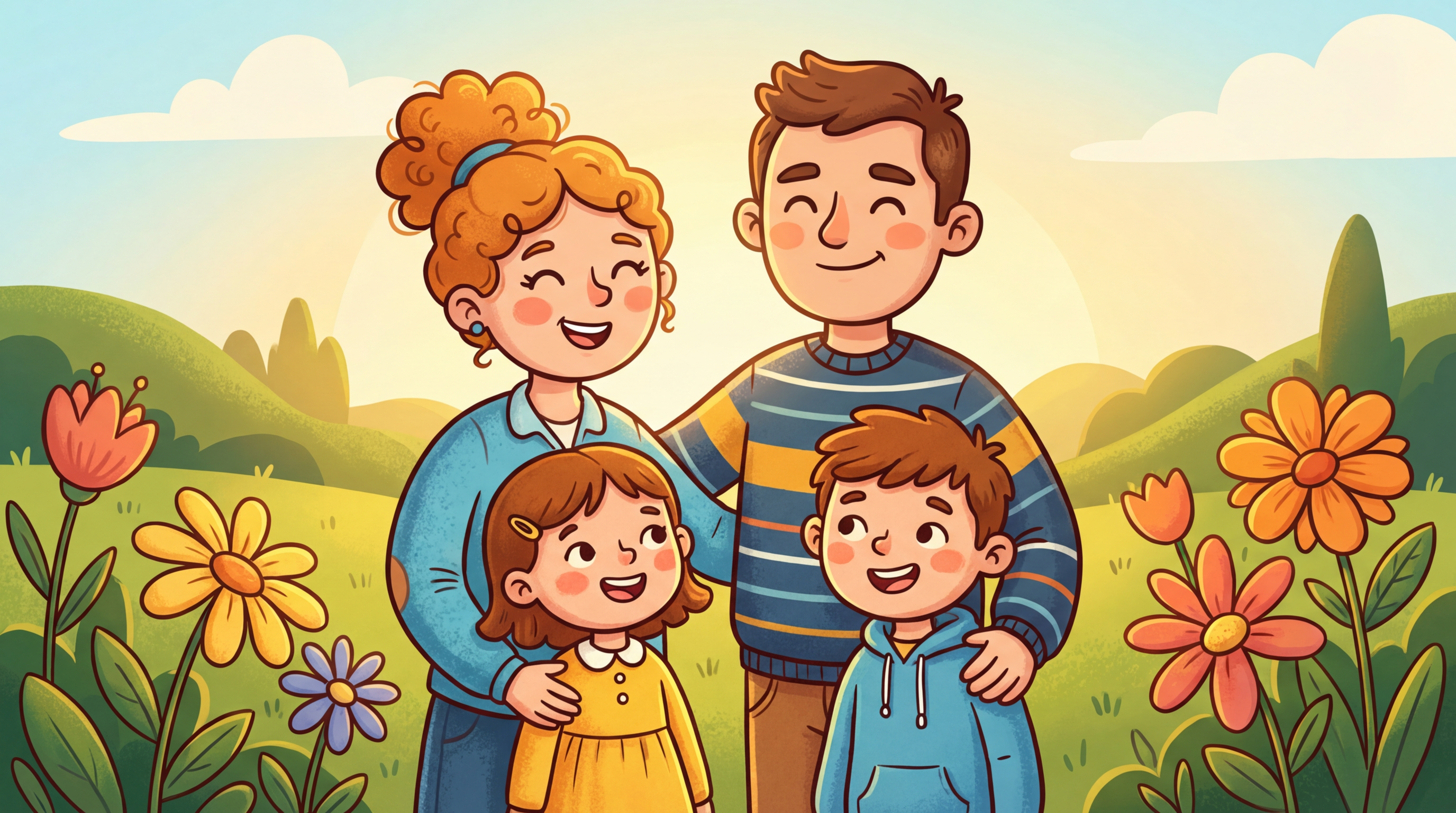 Cartoon-style family portrait with four members in illustrated art style, bright cheerful colors and Disney-Pixar inspired character design