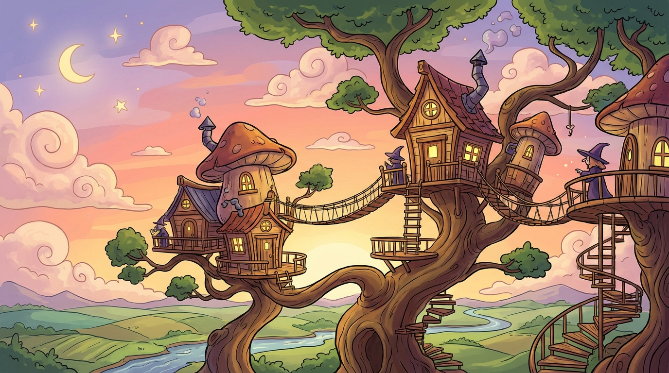 Cartoon landscape of a magical treehouse village, colorful illustrated storybook art style with whimsical architecture and sunset sky