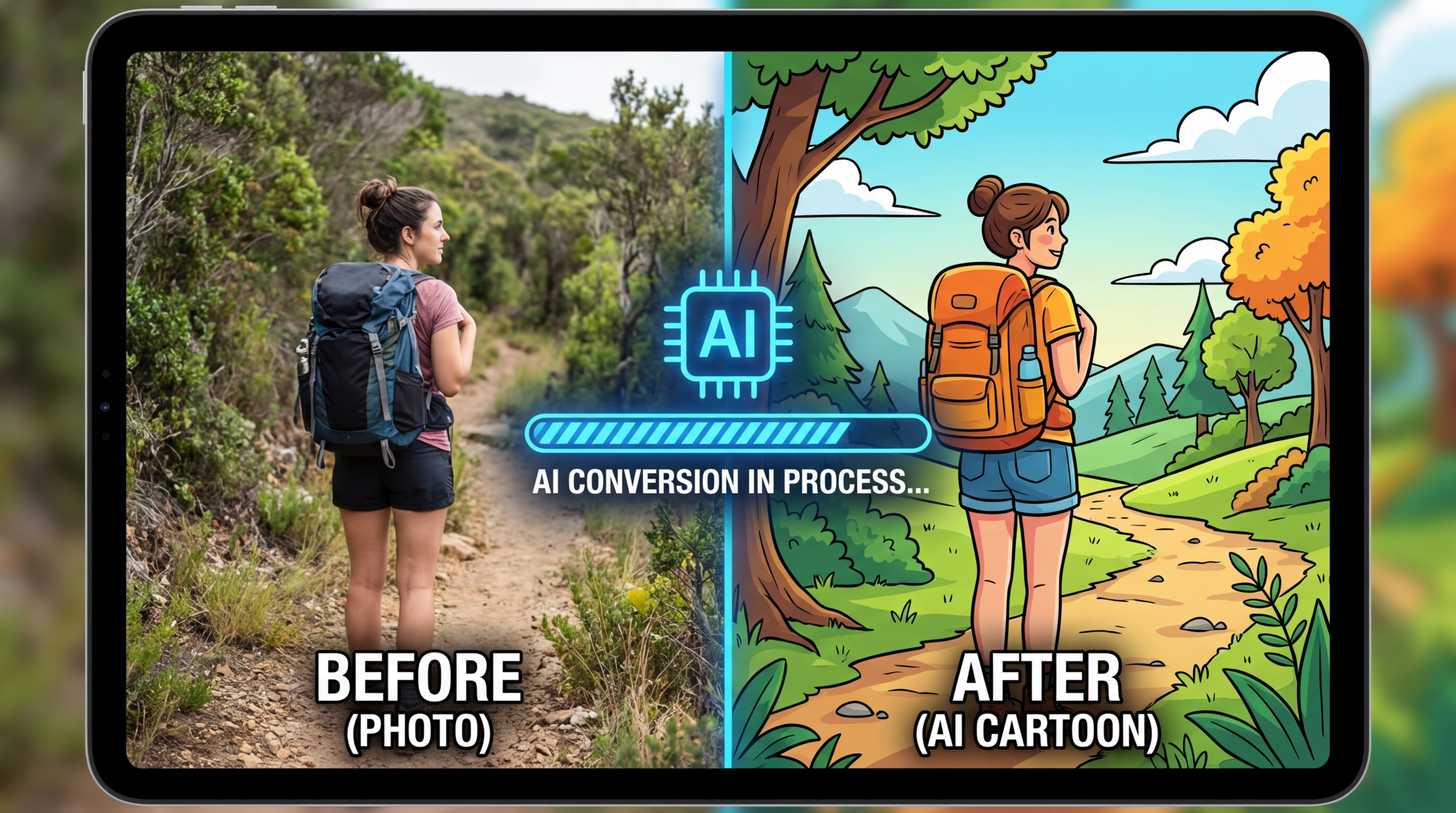 Before and after comparison showing realistic photo transforming into cartoon illustrated version with bold outlines and vibrant colors