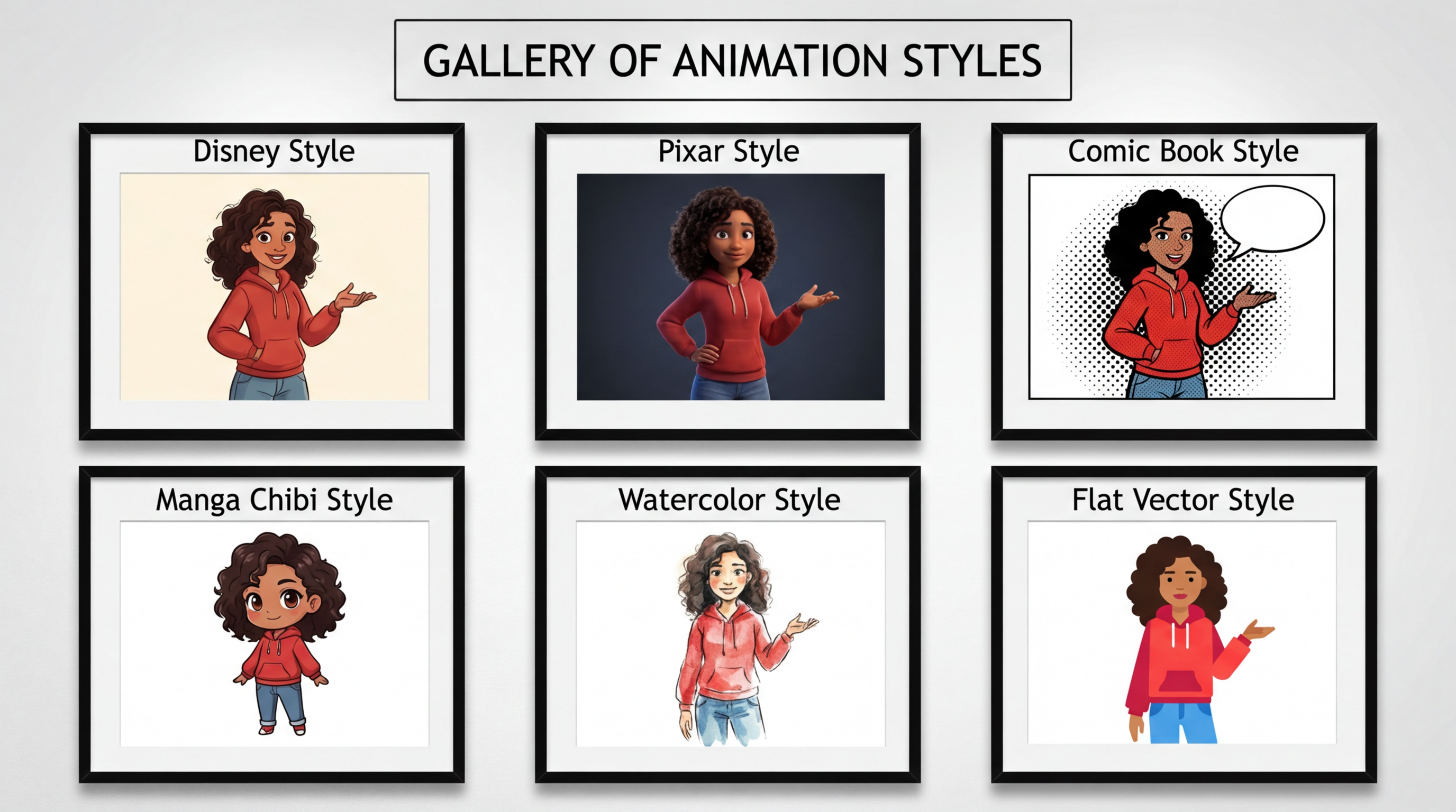 Gallery of six different cartoon art styles - Disney, Pixar, comic book, manga chibi, watercolor illustration, and flat vector design