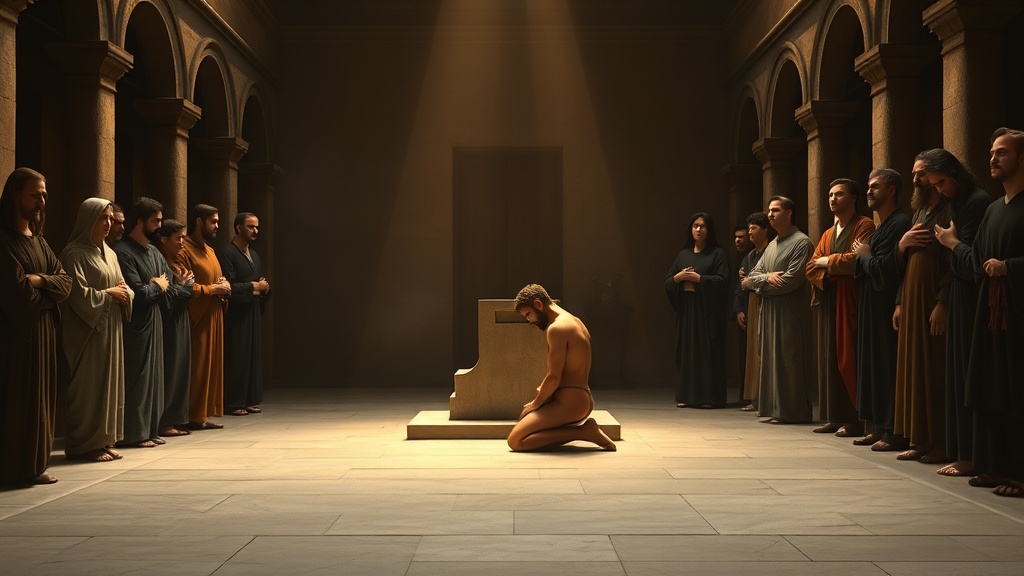 A contemplative, Renaissance-style tableau suggesting repentance and communal witness