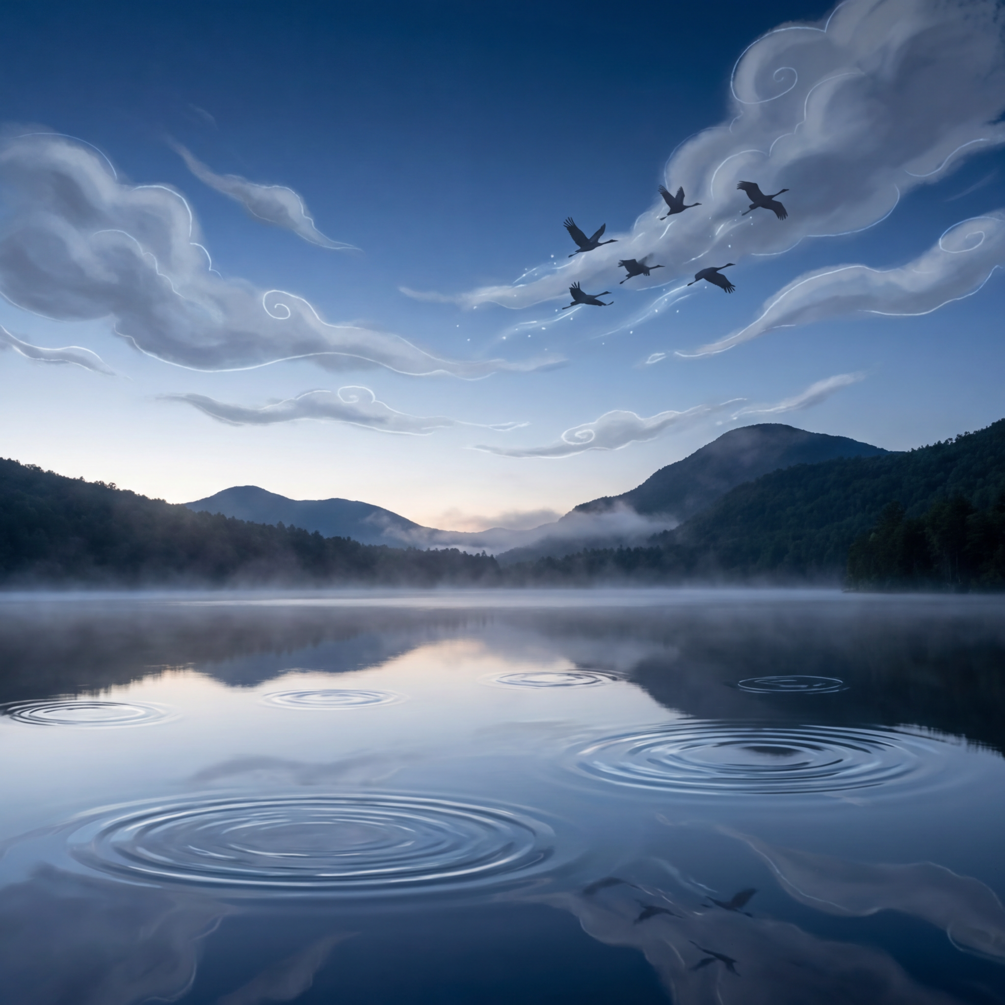 Mountain lake photograph animated with rippling water and drifting clouds, AI image to video transformation