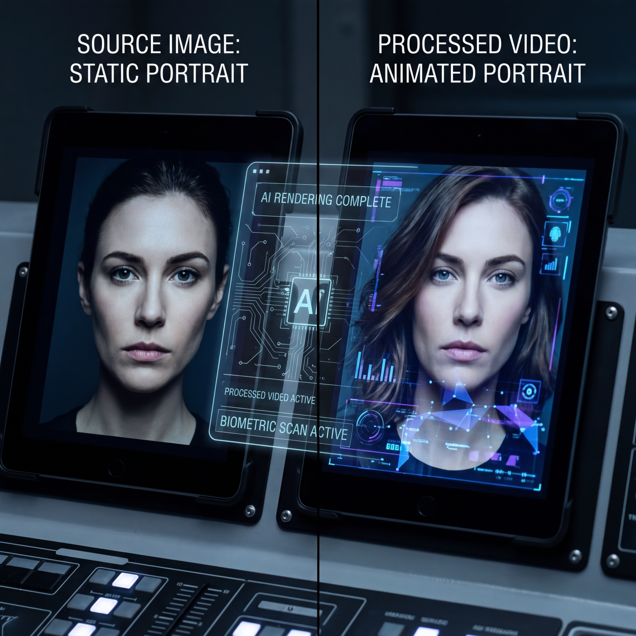 Split screen showing static portrait transforming into animated video with flowing hair, AI motion generation interface