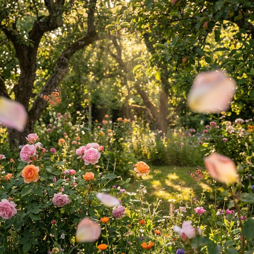 Flower garden photograph brought to life with swaying petals and fluttering butterflies, AI image animation