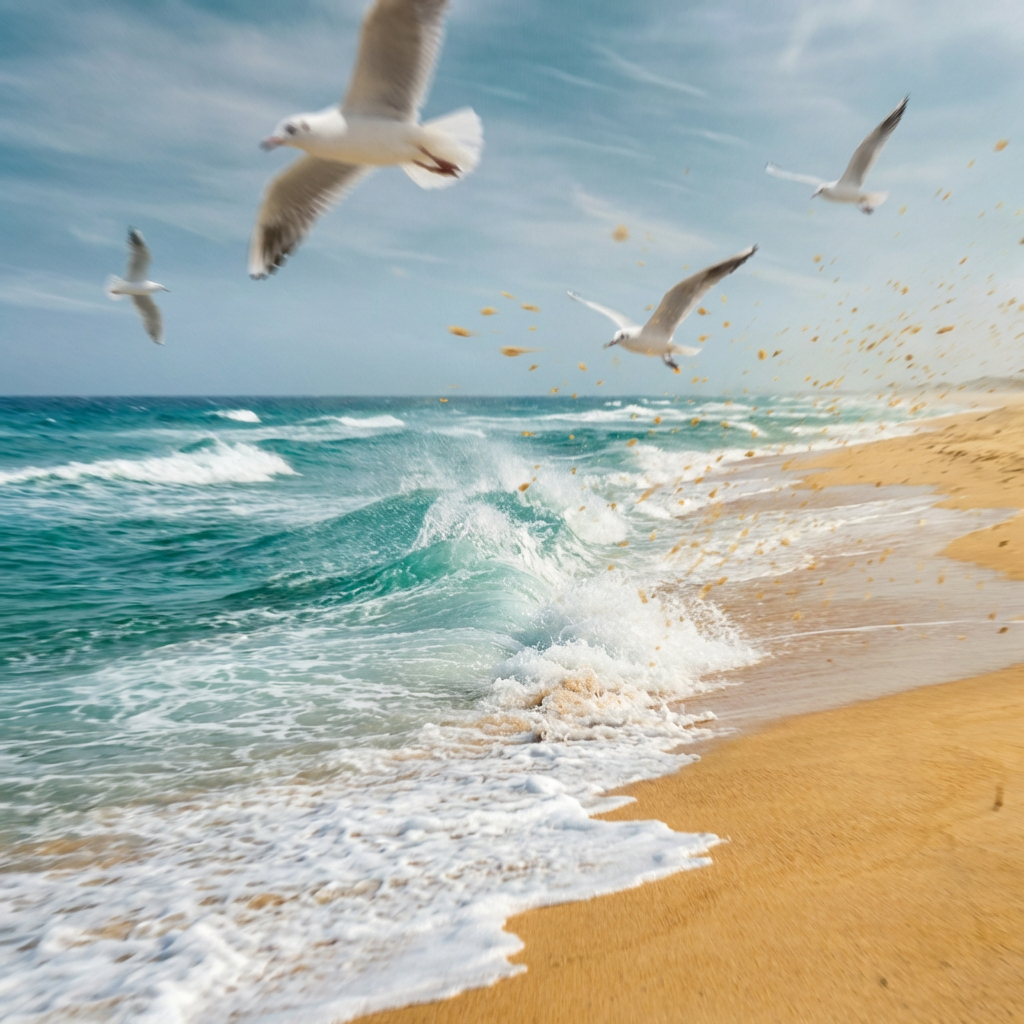 Ocean beach photograph with AI-generated crashing waves and soaring seagulls, still image to video animation