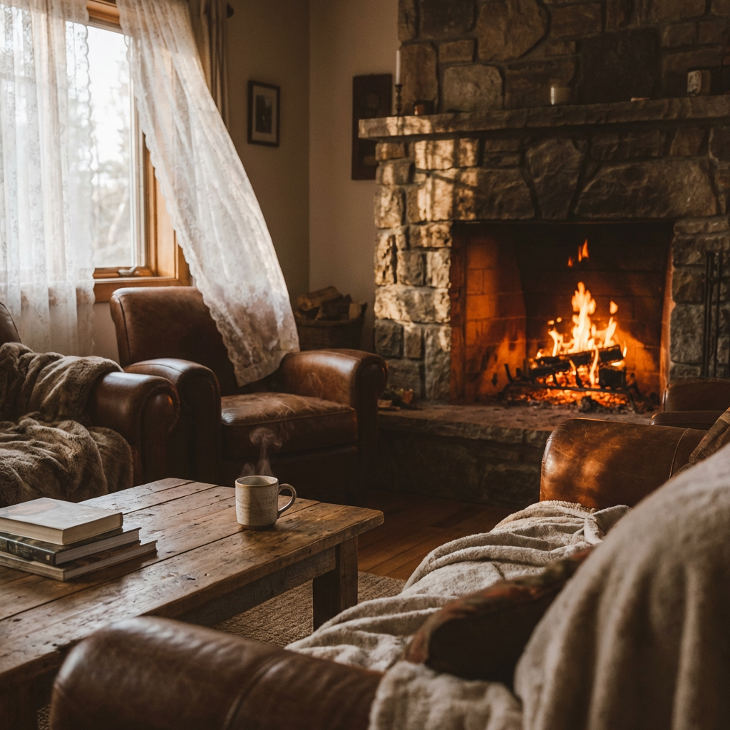 Cozy living room with flickering fireplace and rising steam animated from a still photo, AI motion effect