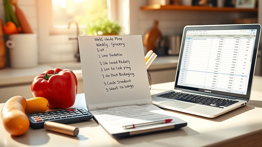 Handwritten weekly grocery list, calculator, and budgeting spreadsheet on a sunny kitchen counter