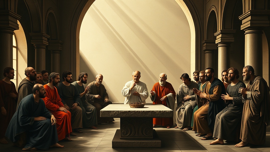 A classical scene of discerning leaders around a stone table