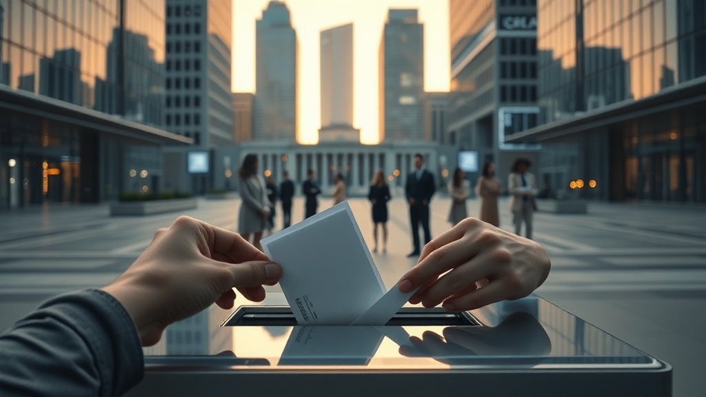 Hands placing ballots into a transparent ballot box in a civic setting