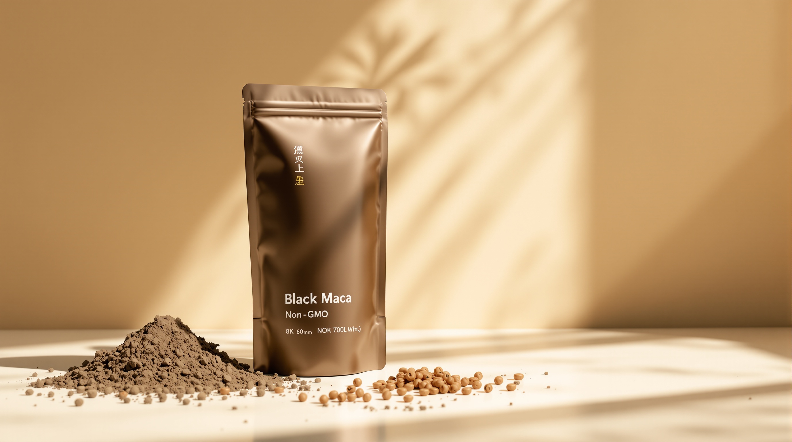 식약처 인증 및 Non-GMO 표기가 된 메가파마 블랙마카 제품과 젤라틴화된 분말
