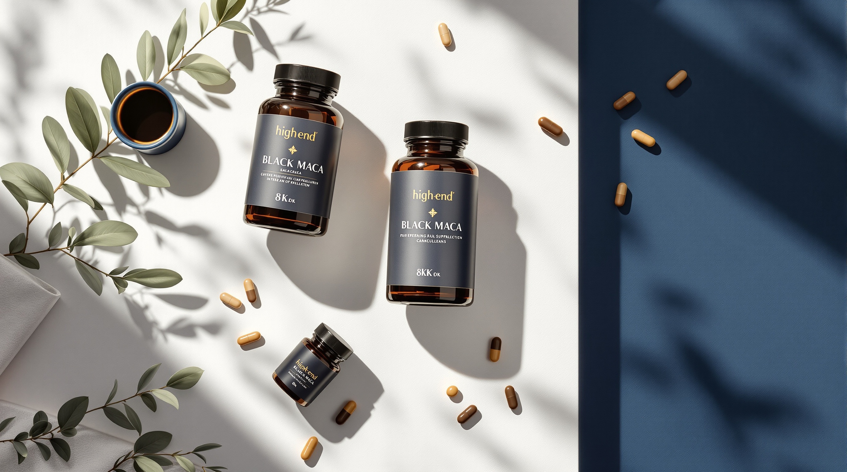 블랙마카, 아르기닌 등 복합 성분 건강식품 플랫레이 이미지