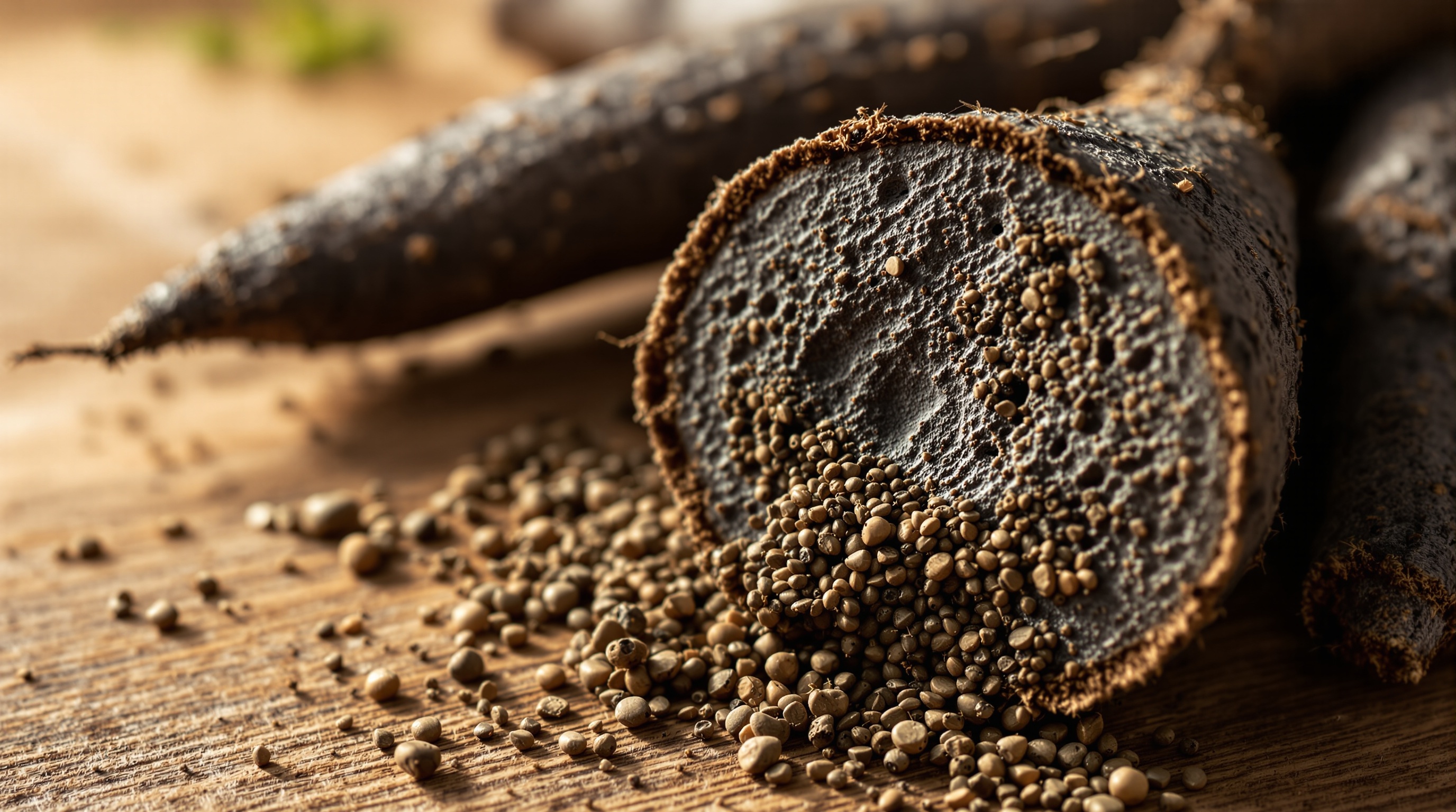 페루 안데스산맥에서 자란 검은 마카 뿌리 클로즈업 이미지