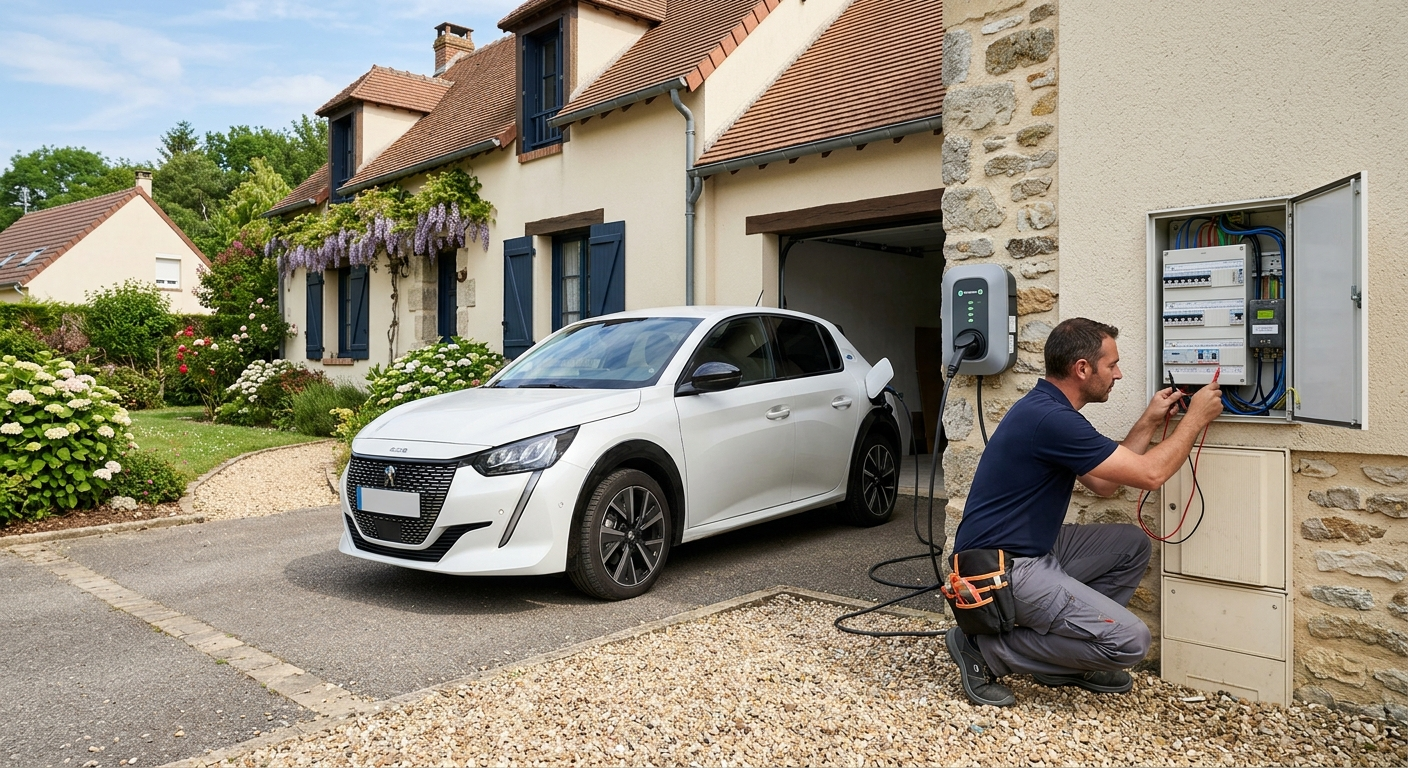 Borne de recharge électrique installée devant une maison avec une voiture en charge et un professionnel vérifiant le branchement selon normes IRVE.
