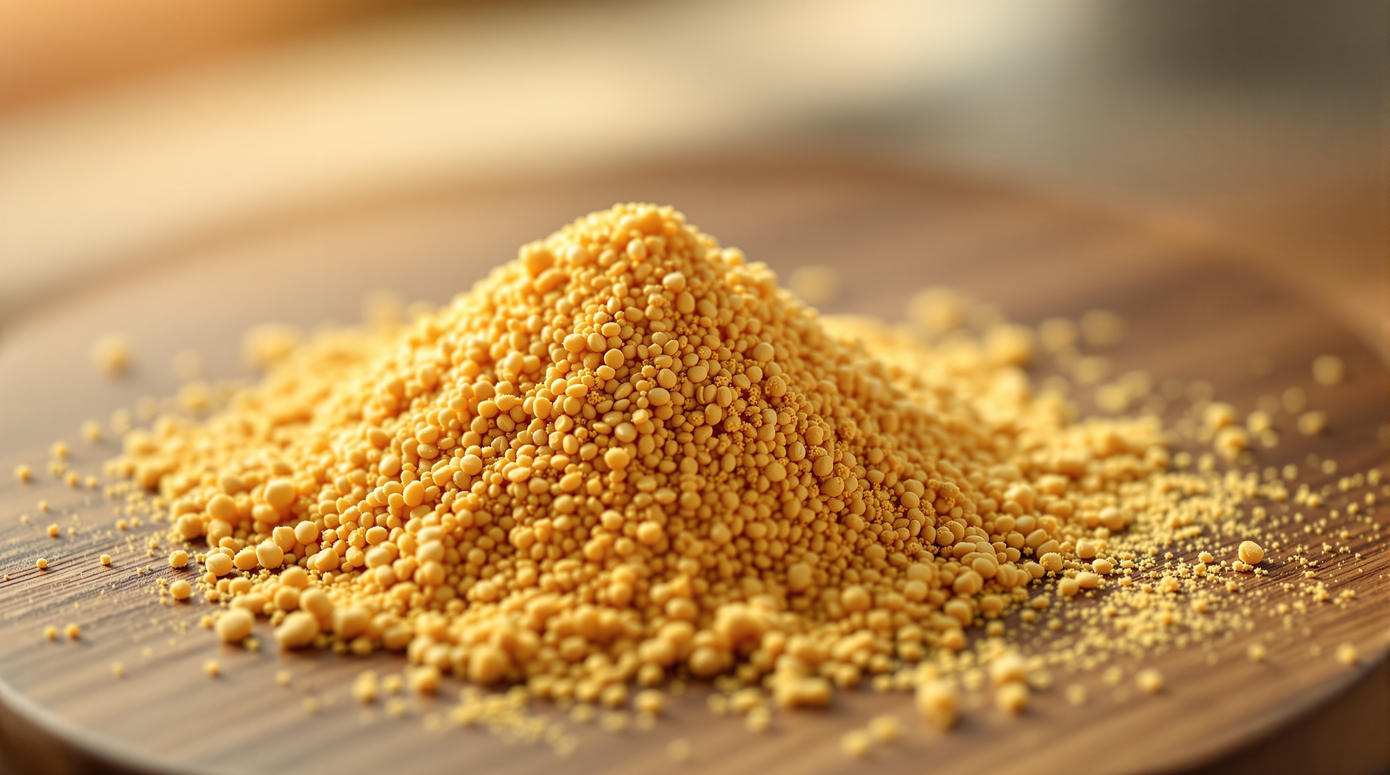 자연광 아래 나무 도마 위에 놓인 맥주효모 파우더의 극사실주의 접사