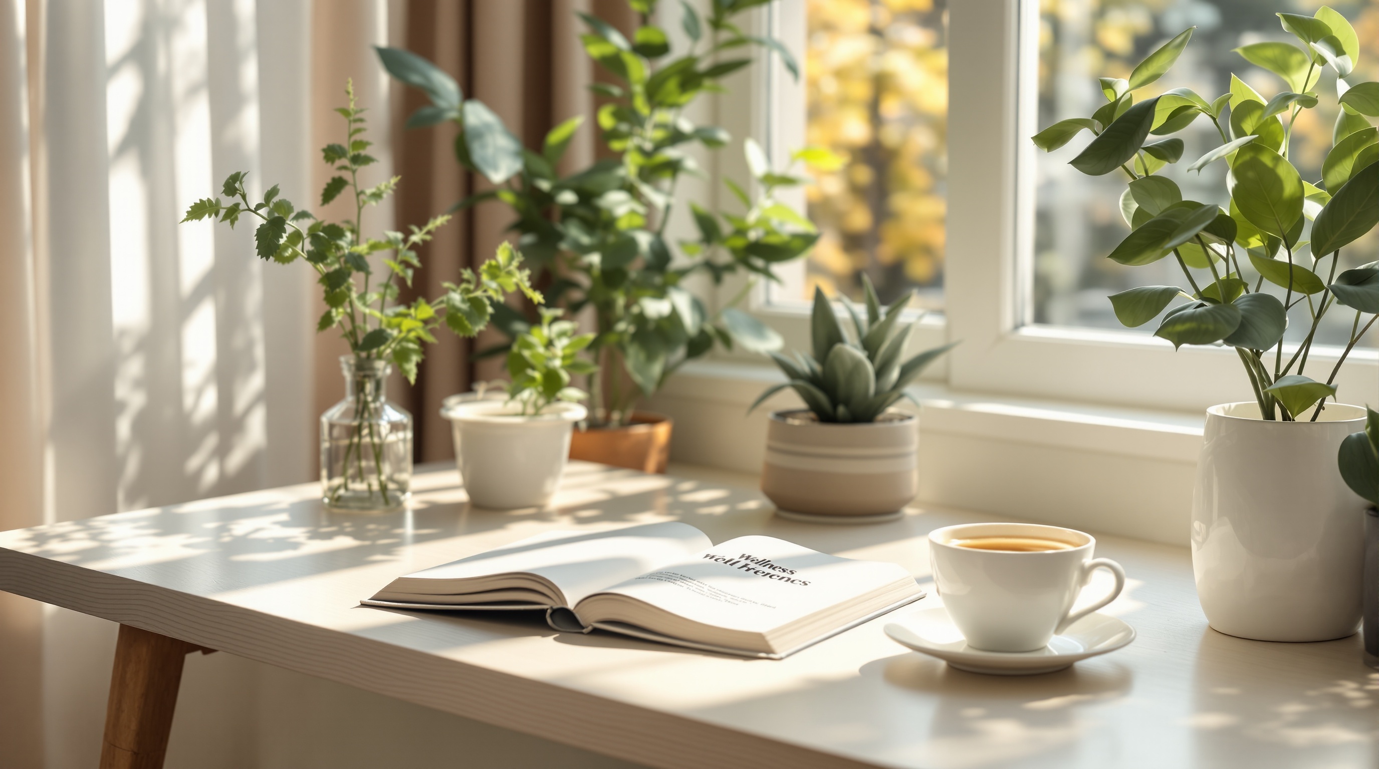 자연광이 비치는 미니멀한 서재 책상, 건강 서적과 따뜻한 허브차 한 잔