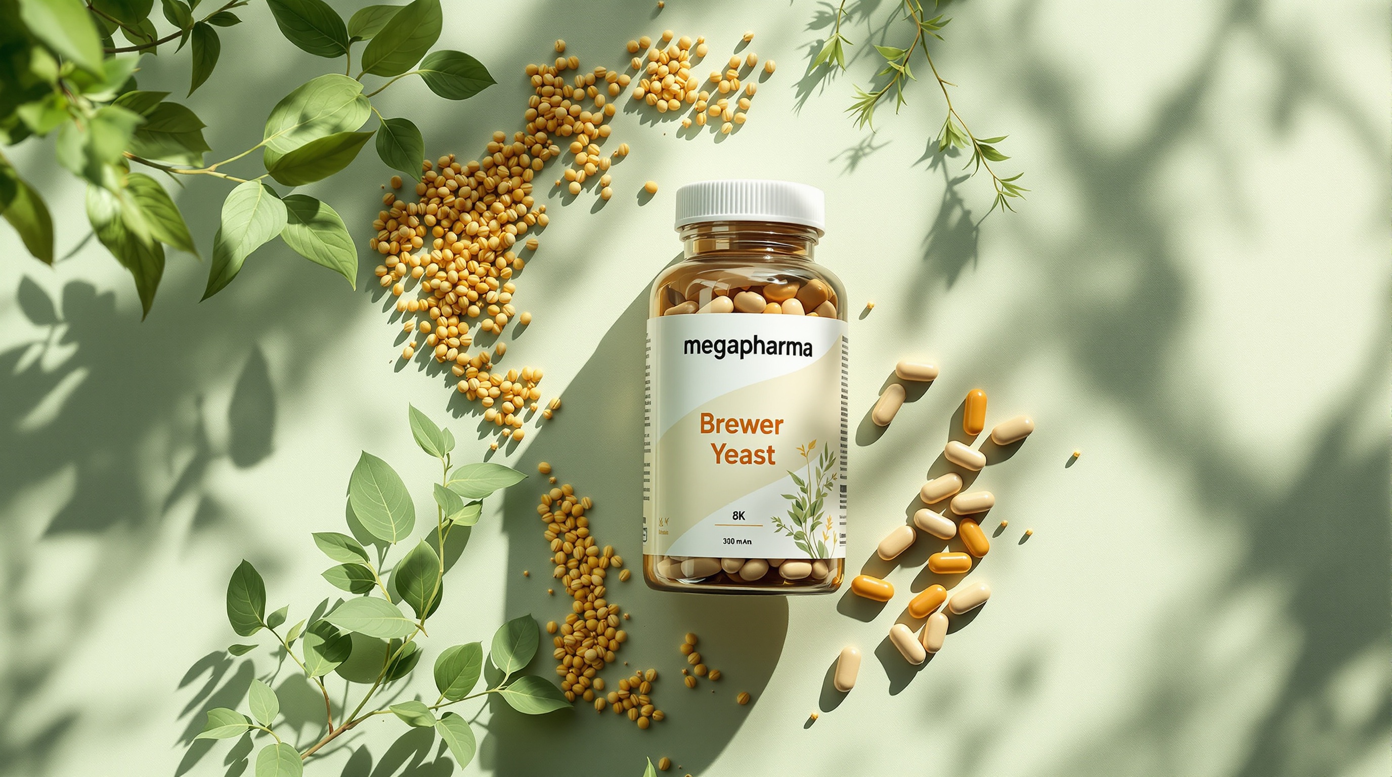 메가파마 맥주효모 영양제 제품과 비타민 B군 원료를 상징하는 녹색 허브 잎 플랫레이