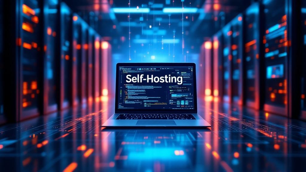 Laptop with server icons illustrating benefits of self-hosting for data control and privacy