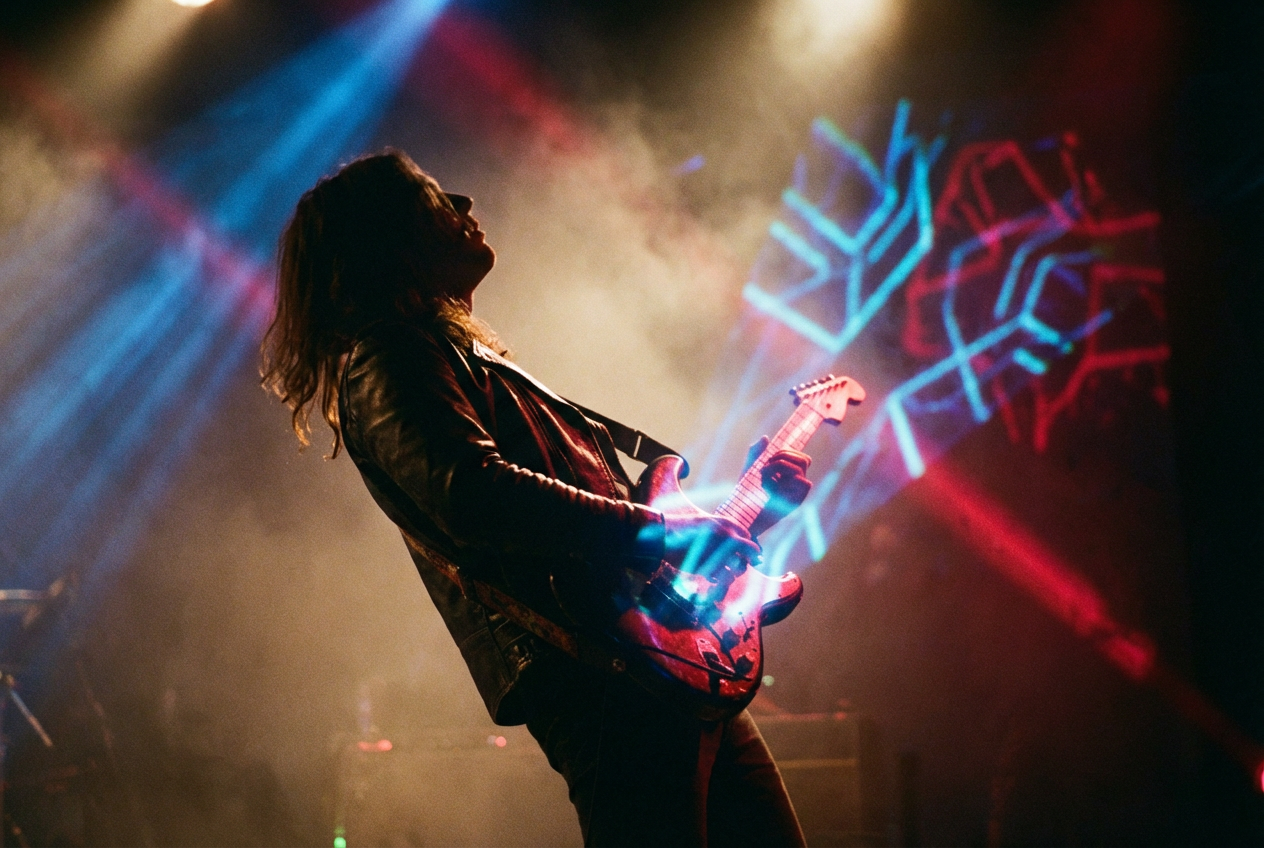 alt text: Electric guitarist performing on stage surrounded by swirling AI-generated abstract visuals