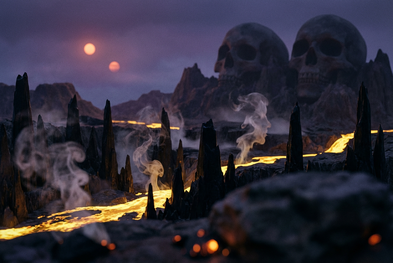 alt text: Surreal AI-generated landscape with morphing organic shapes and dark psychedelic colors