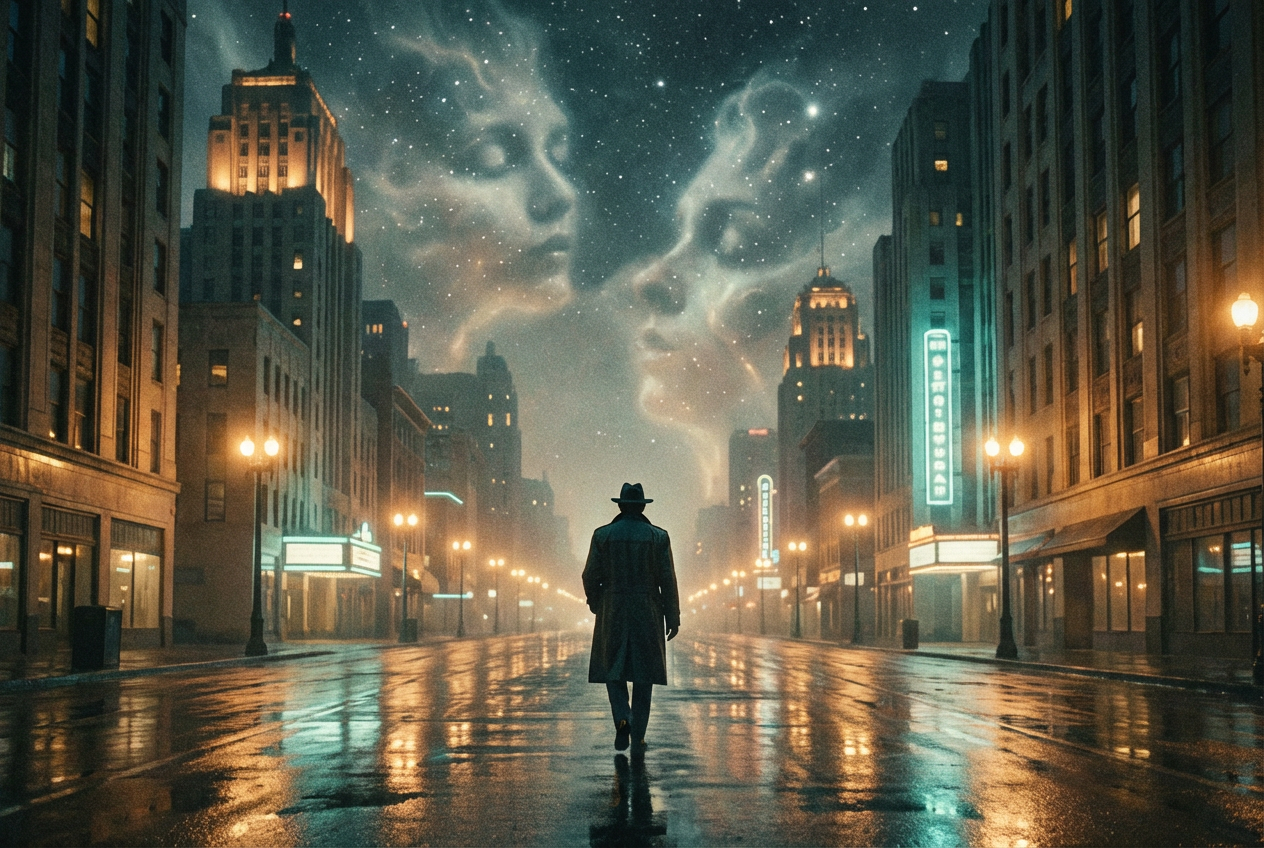 alt text: AI-generated film noir dreamscape with a lone figure walking through a surreal cityscape